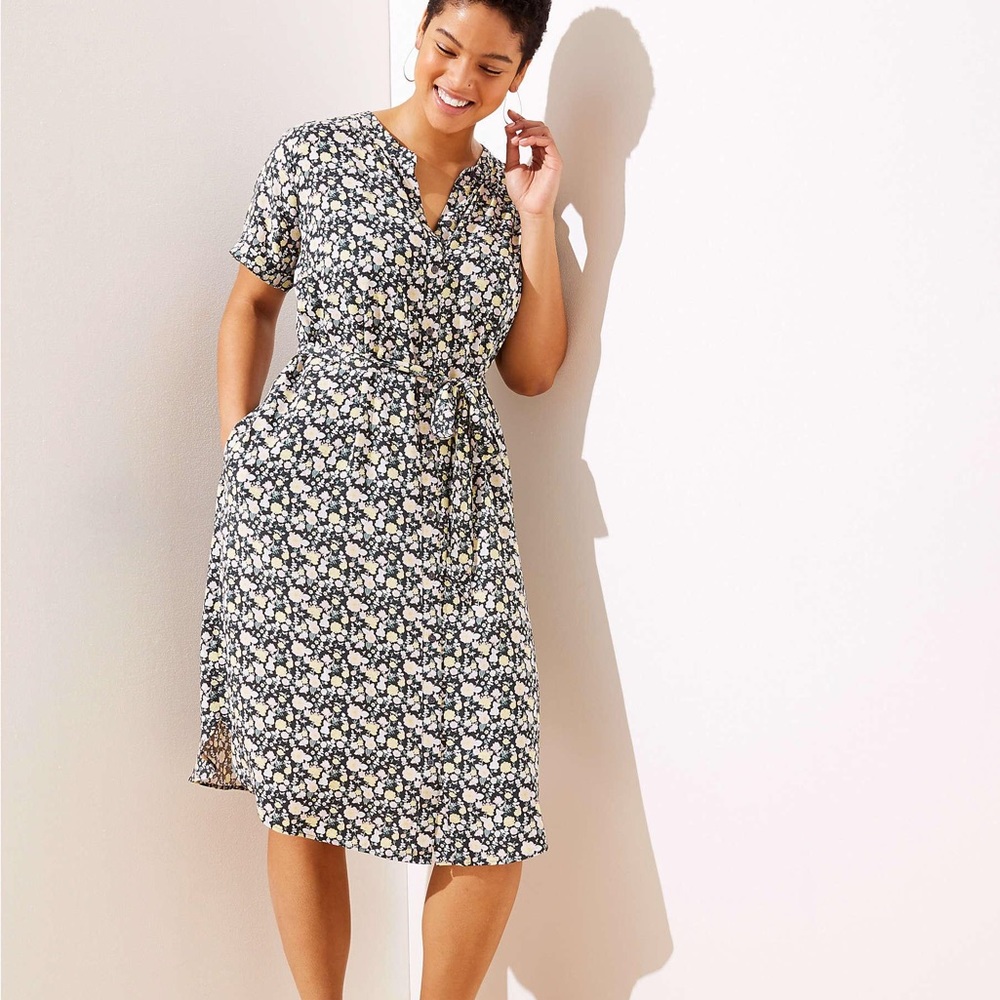 LOFT Floral Tie Waist Shirt Dress 22W